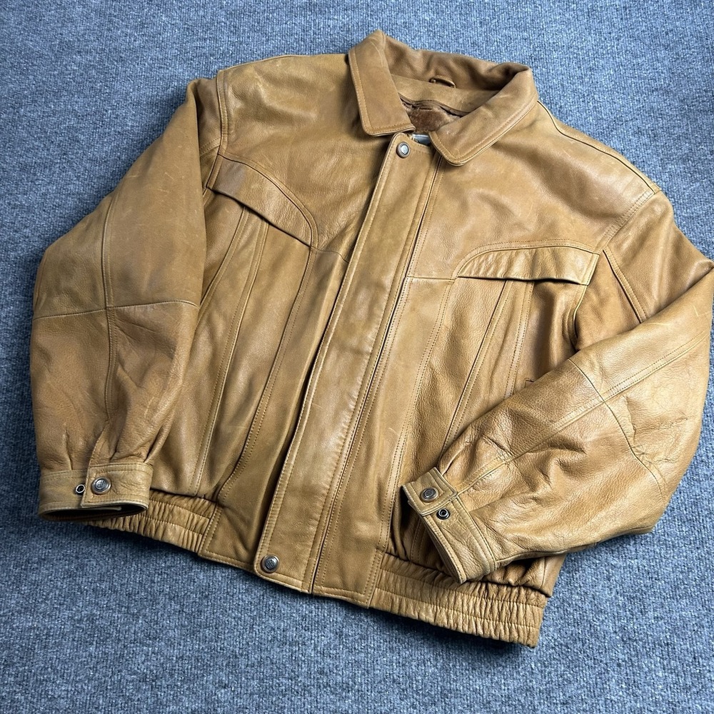 Cougar Jacket Mens 2XL Brown Leather Bomber Faux Fur Lined Elastic Waist